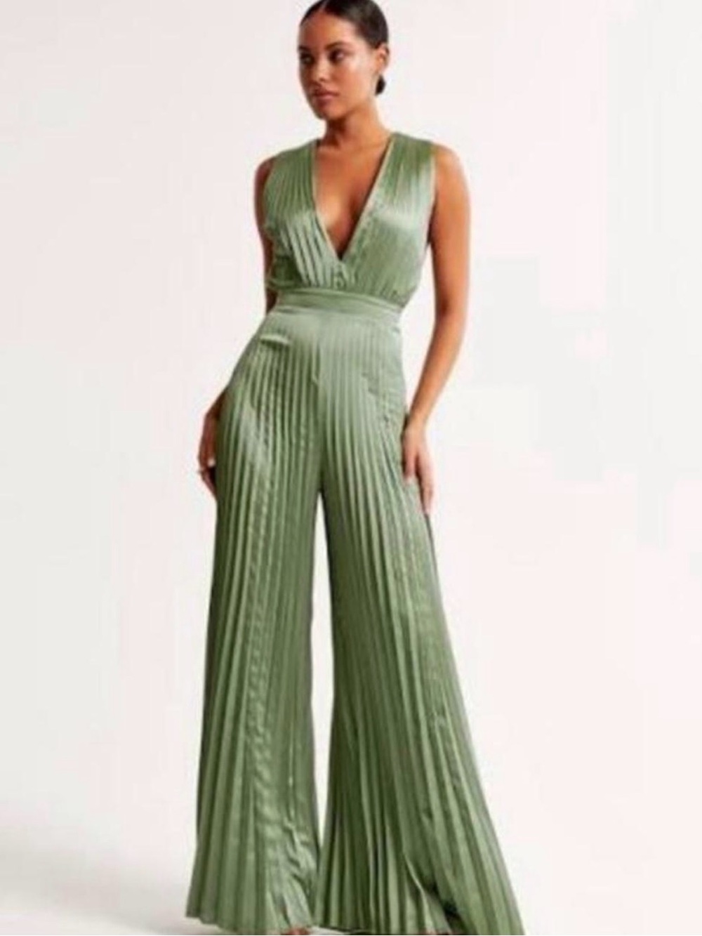 Olive Green Pleated V-Neck Jumpsuit